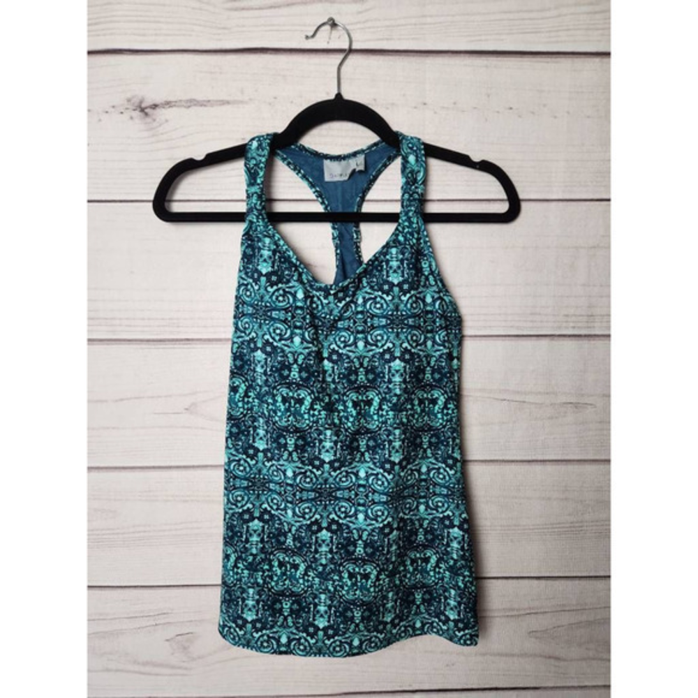 Athleta Womens Tank Top Shirt Green Geometric Sleeveless Scoop Neck Racerback XS